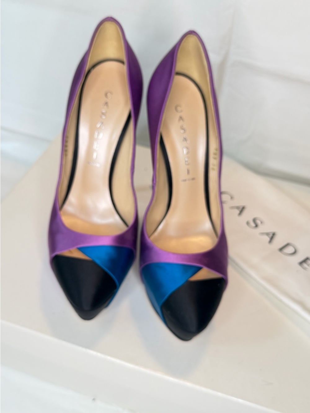 Casadei Purple, Blue & Black Satin Peep-Toe Pumps